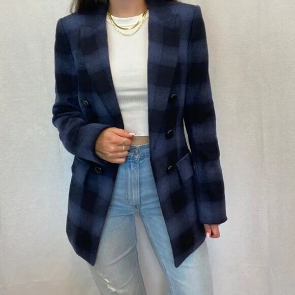Veronica Beard Matteo Blue and Black Plaid Long Dickey Blazer Jacket - Picture 5 of 16